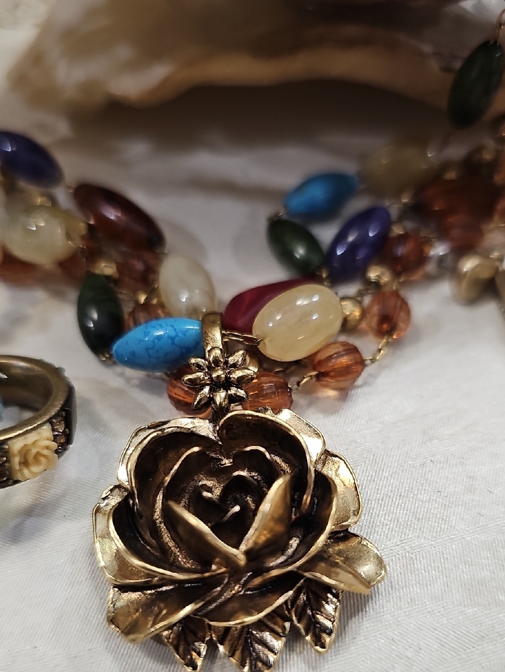 Boho Multi-Color Beaded Necklace with Gold Rose Pendant - Picture 4 of 6